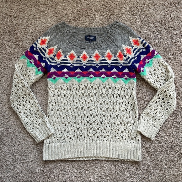 American Eagle Outfitters Retro Boho Tribal Fair Isle Knit Sweater Medium - Picture 2 of 9